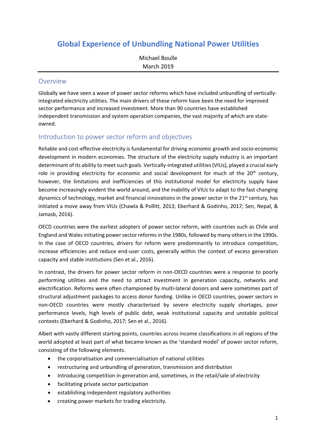 Global Experience of Unbundling National Power Utilities