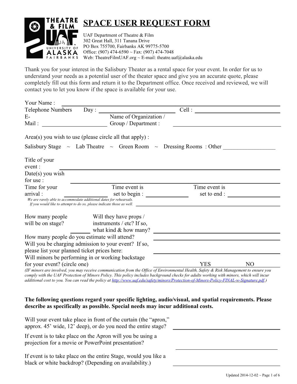 Theatre UAF Space User Information Form