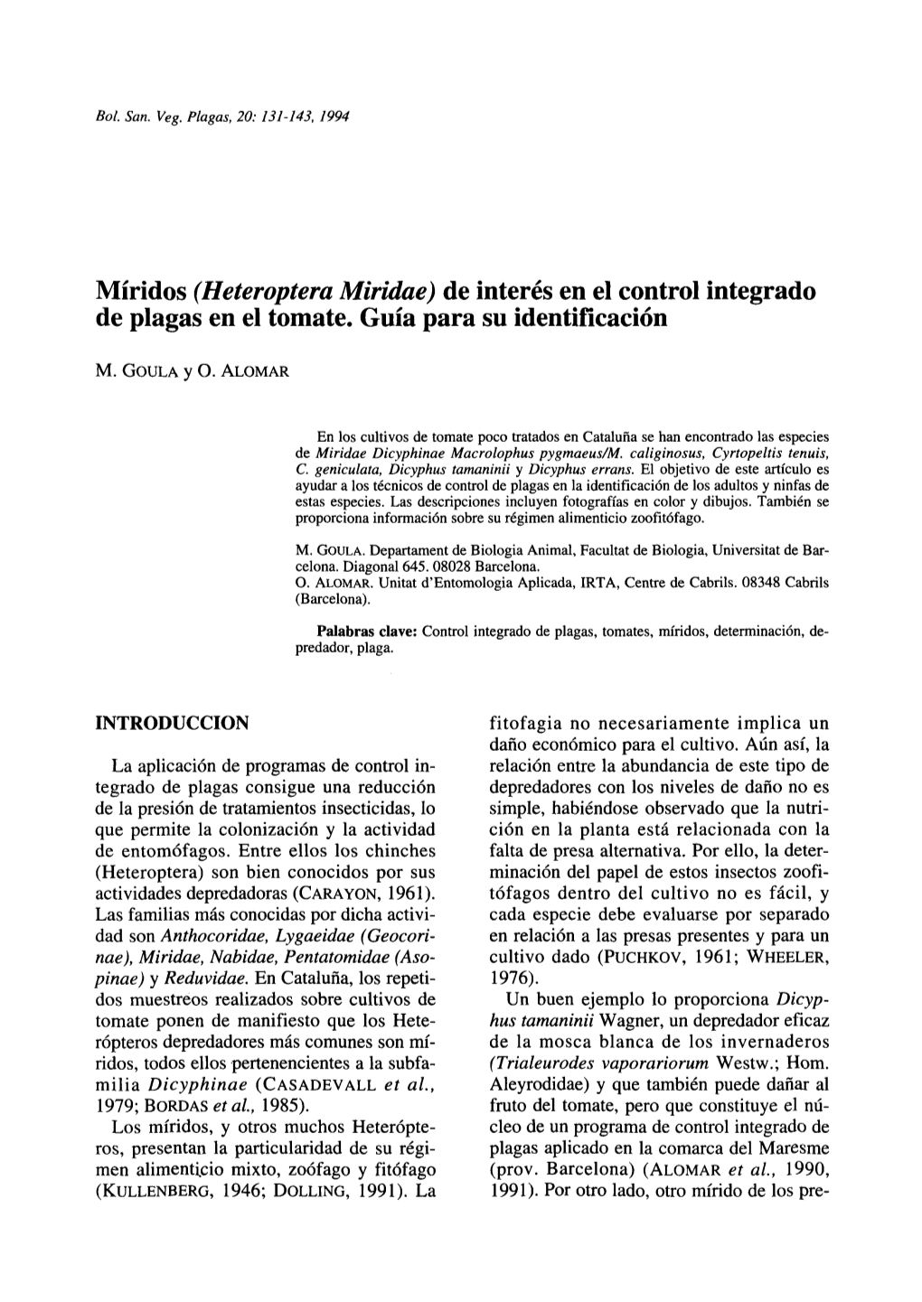 Míridos (Heteroptera Miridae) De Interés En El Control Integrado De Plagas En El Tomate