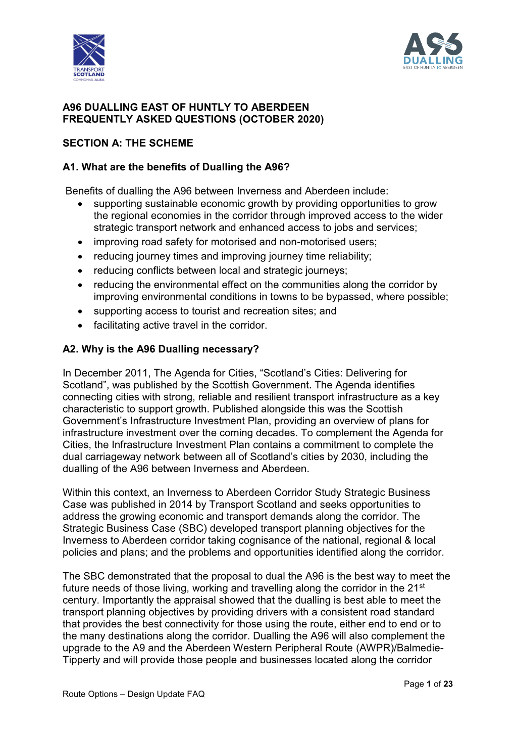 A96 Dualling East of Huntly to Aberdeen Frequently Asked Questions (October 2020)