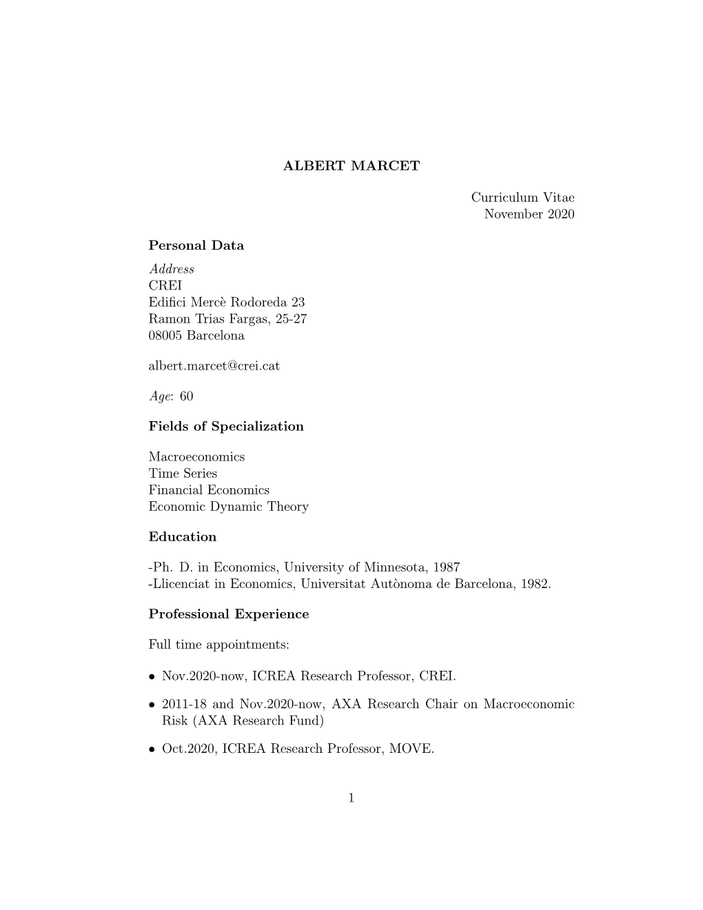 ALBERT MARCET Curriculum Vitae November 2020 Personal Data