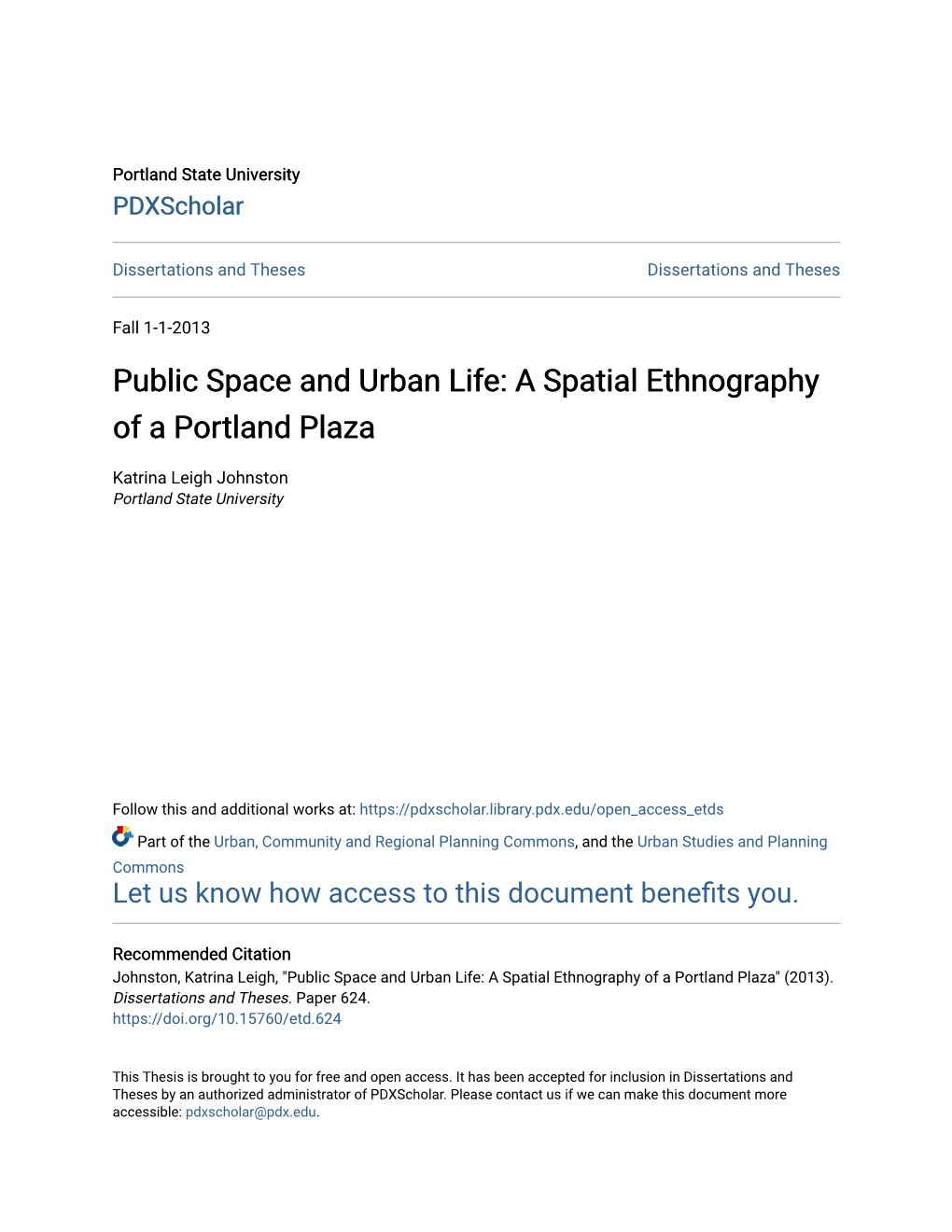 Public Space and Urban Life: a Spatial Ethnography of a Portland Plaza