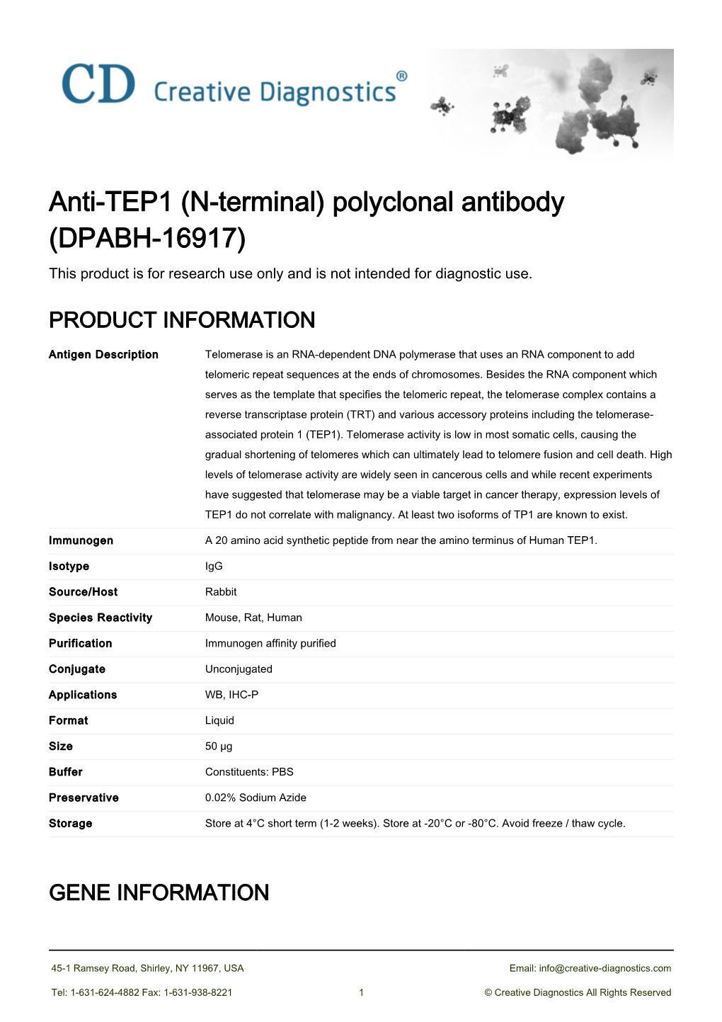 Anti-TEP1 (N-Terminal) Polyclonal Antibody (DPABH-16917) This Product Is for Research Use Only and Is Not Intended for Diagnostic Use