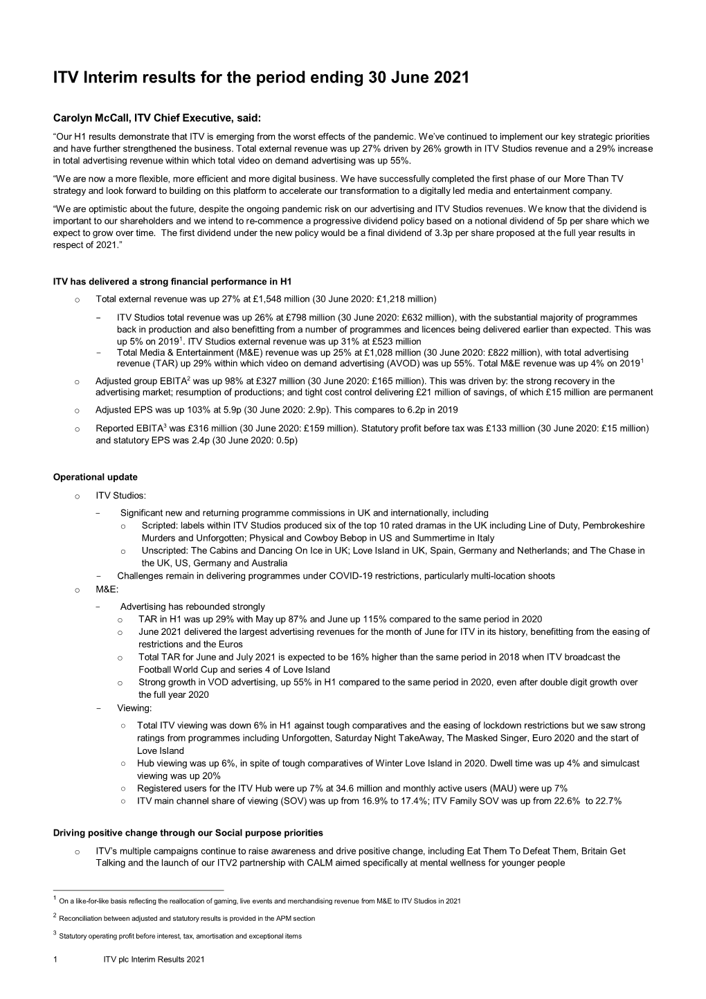 ITV Interim Results for the Period Ending 30 June 2021