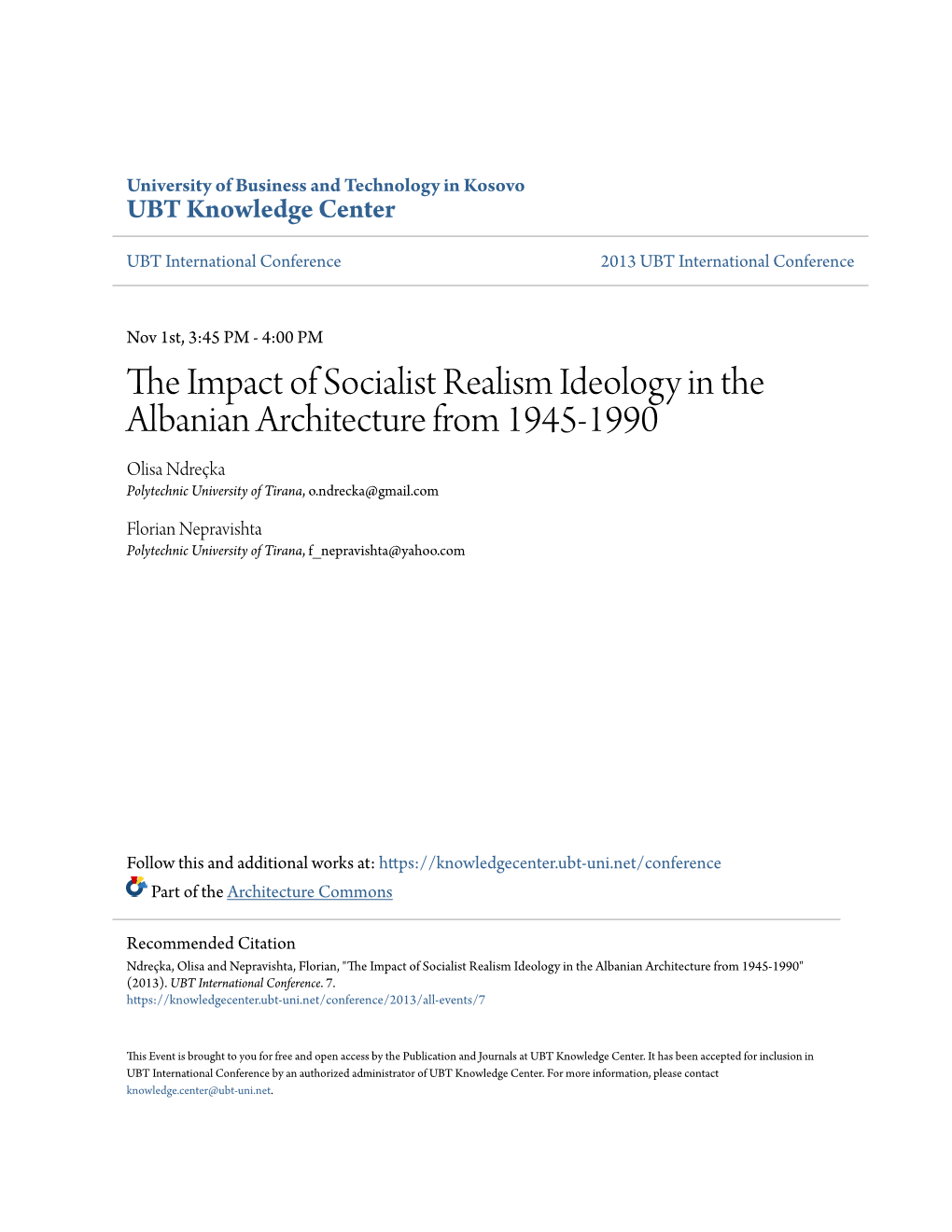 The Impact of Socialist Realism Ideology in the Albanian Architecture from 1945-1990