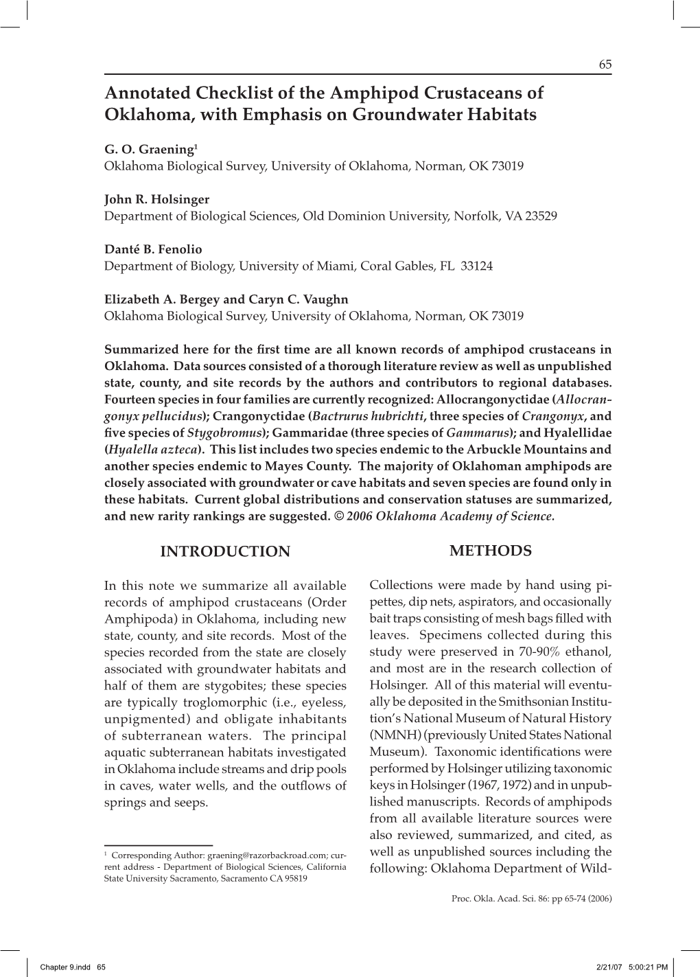 Annotated Checklist of the Amphipod Crustaceans of Oklahoma, with Emphasis on Groundwater Habitats