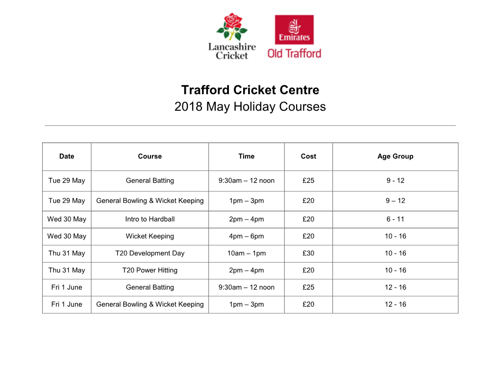 Trafford Cricket Centre 2018 May Holiday Courses