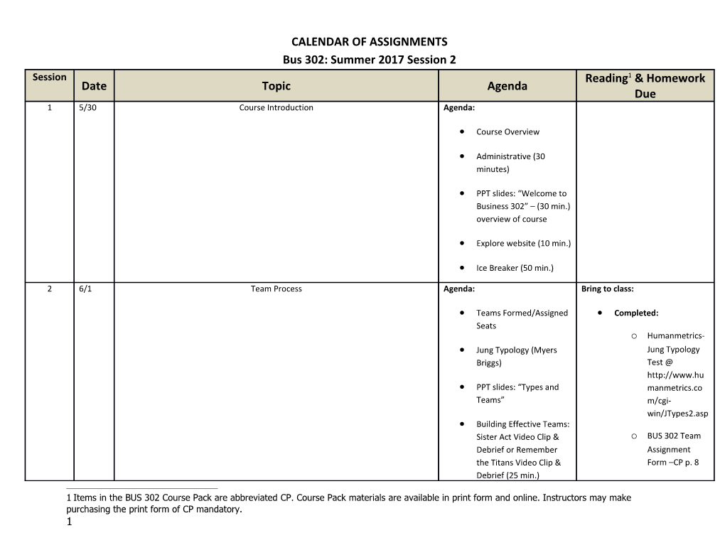 Calendar of Assignments s1