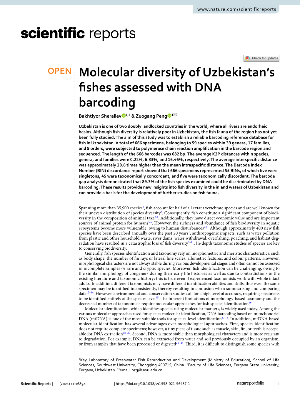 Molecular Diversity of Uzbekistan's Fishes Assessed with DNA Barcoding