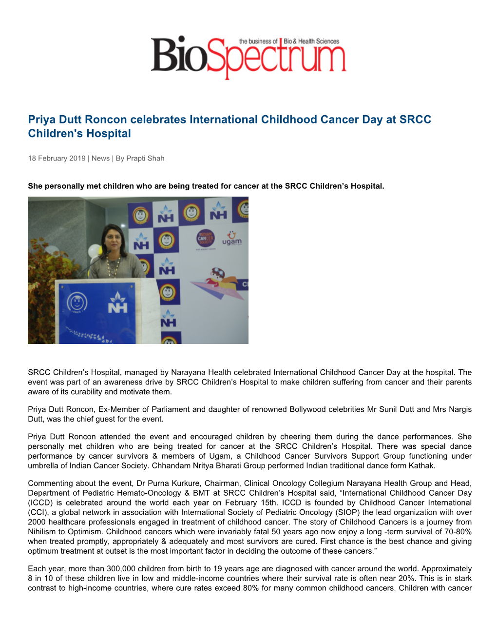 Priya Dutt Roncon Celebrates International Childhood Cancer Day at SRCC Children's Hospital