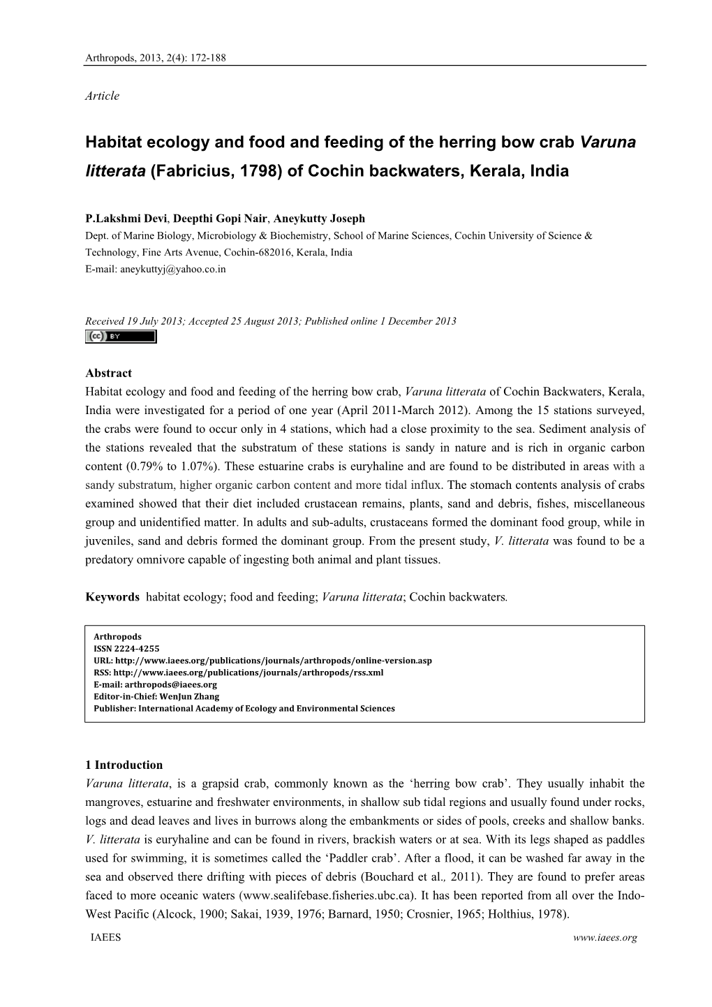 Habitat Ecology and Food and Feeding of the Herring Bow Crab Varuna Litterata (Fabricius, 1798) of Cochin Backwaters, Kerala, India