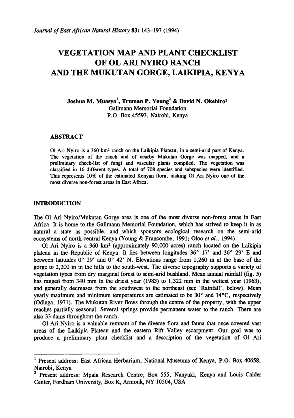 Vegetation Map and Plant Checklist of Ol Ari Nyiro Ranch and the Mukutan Gorge, Laikipia, Kenya