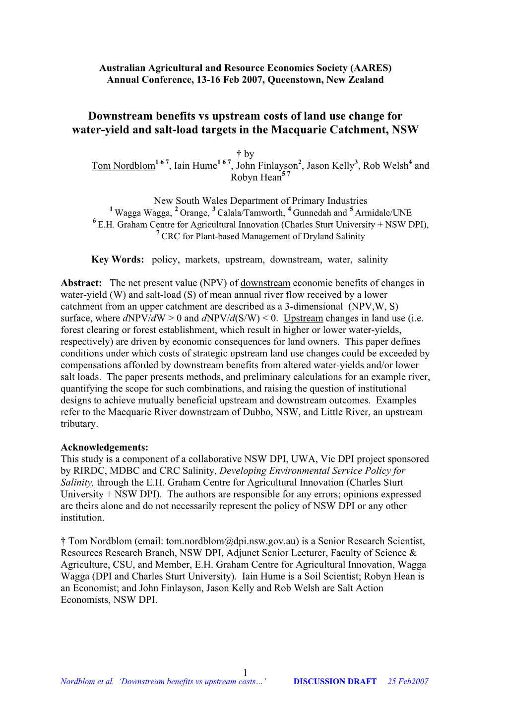 Downstream Benefits Vs Upstream Costs of Land Use Change for Water-Yield and Salt-Load Targets in the Macquarie Catchment, NSW