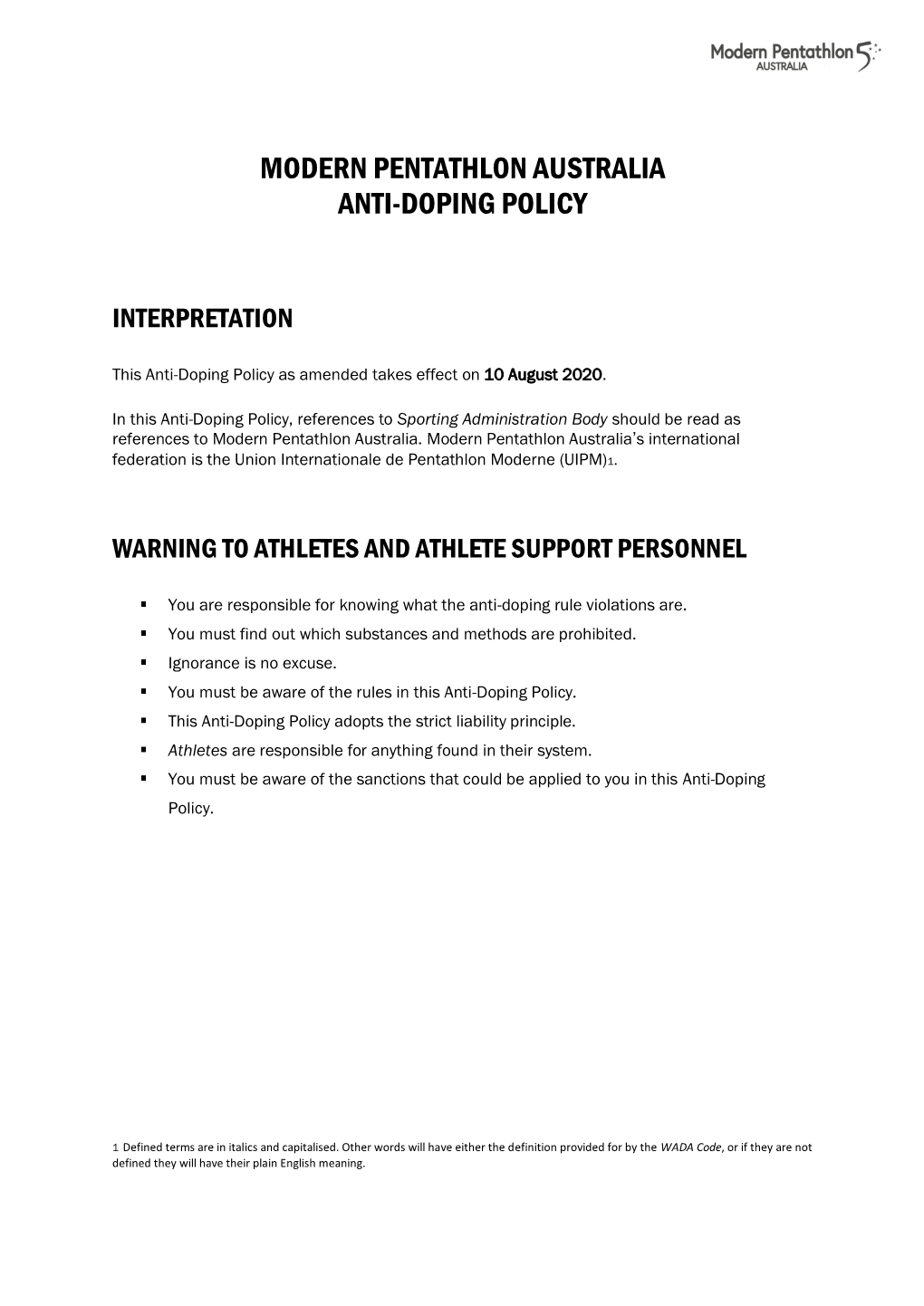 Modern Pentathlon Australia Anti-Doping Policy
