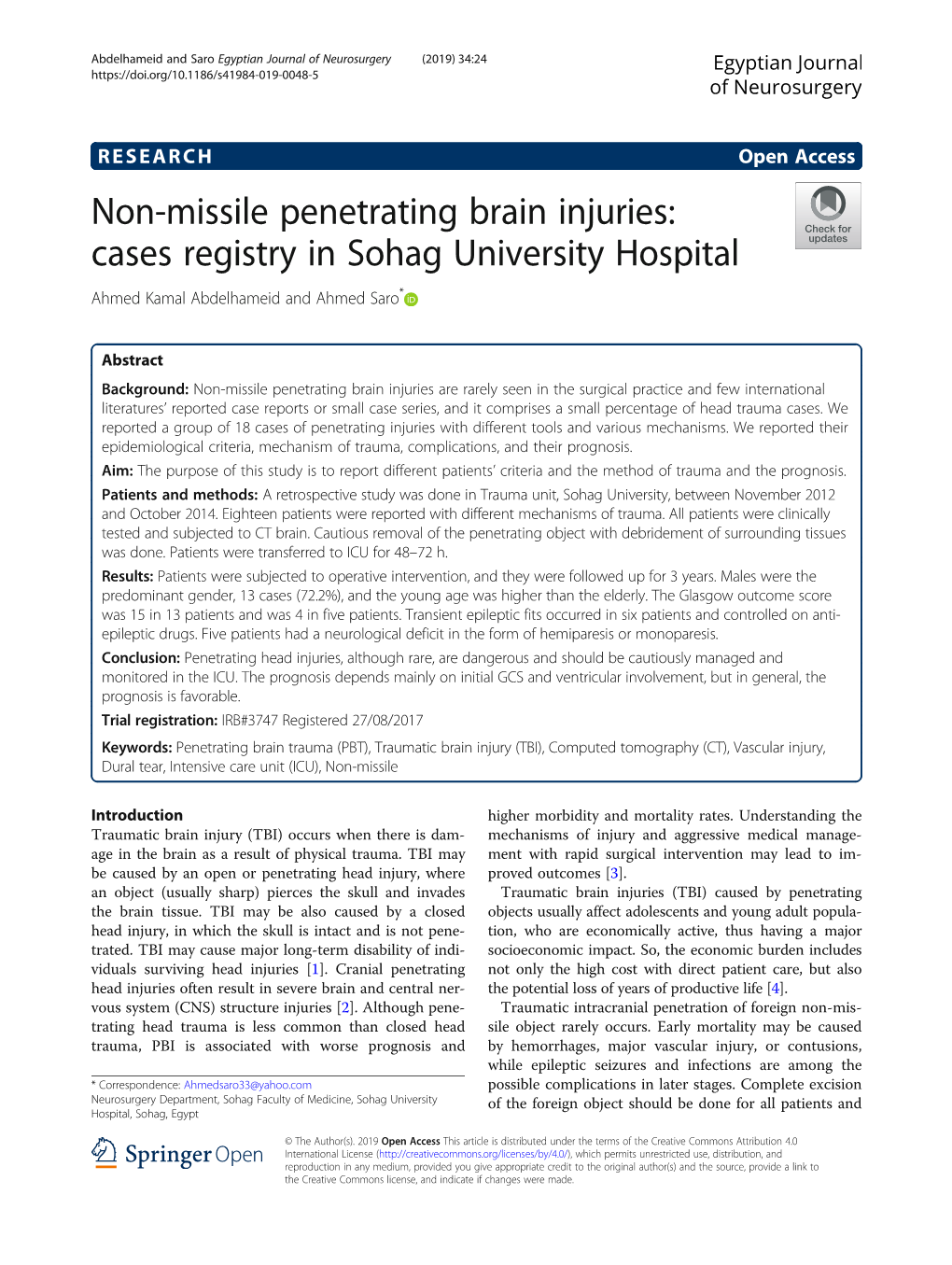 Non-Missile Penetrating Brain Injuries: Cases Registry in Sohag University Hospital Ahmed Kamal Abdelhameid and Ahmed Saro*