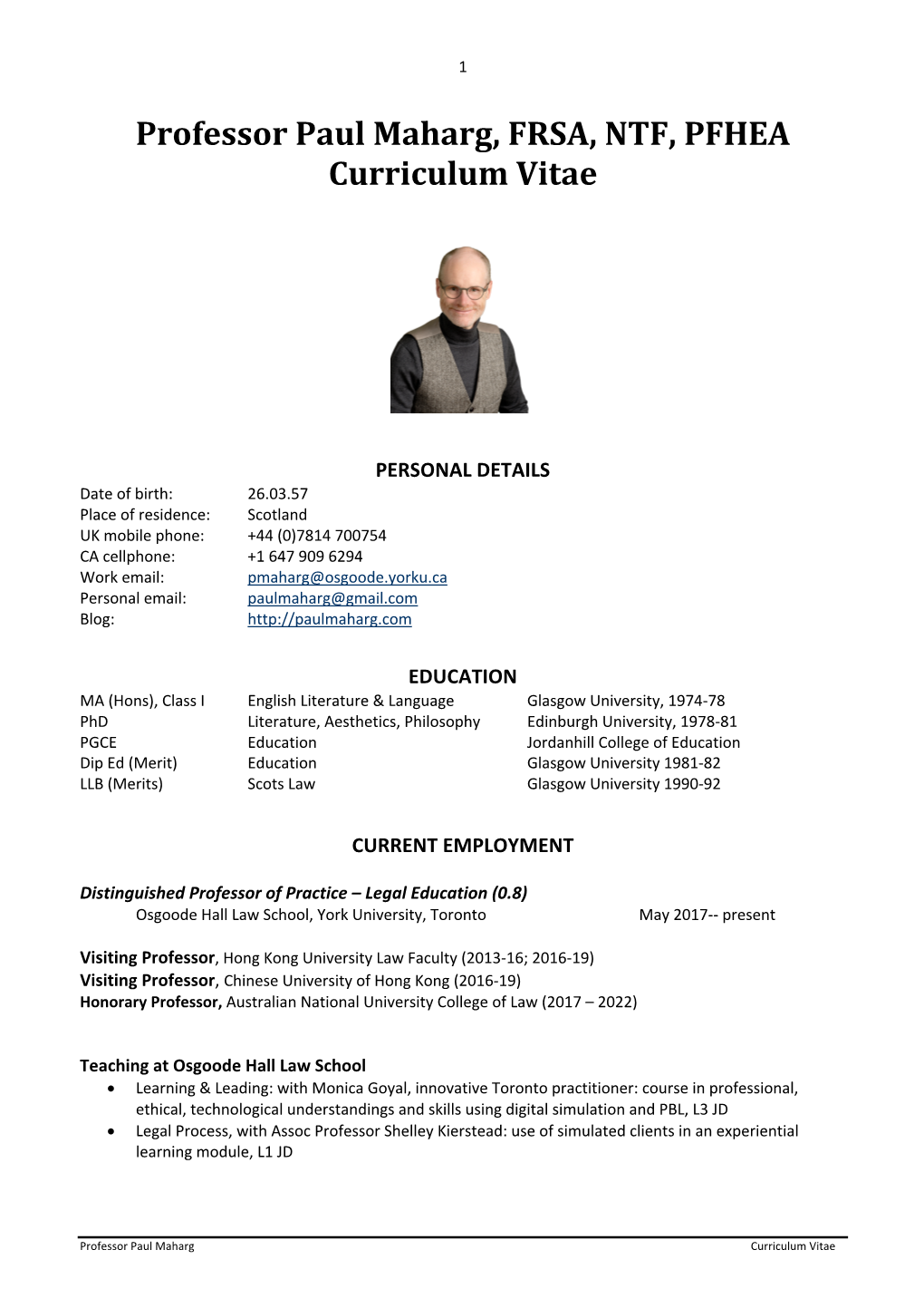 Professor Paul Maharg, FRSA, NTF, PFHEA Curriculum Vitae