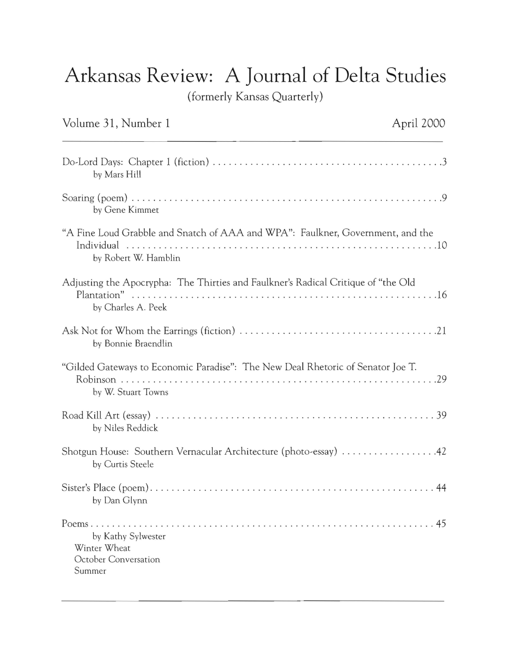 A Journal of Delta Studies (Formerly Kansas Quarterly)