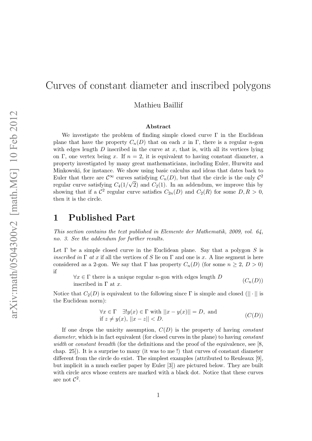 Curves of Constant Diameter and Inscribed Polygons