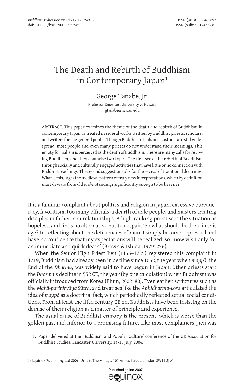 The Death and Rebirth of Buddhism in Contemporary Japan1