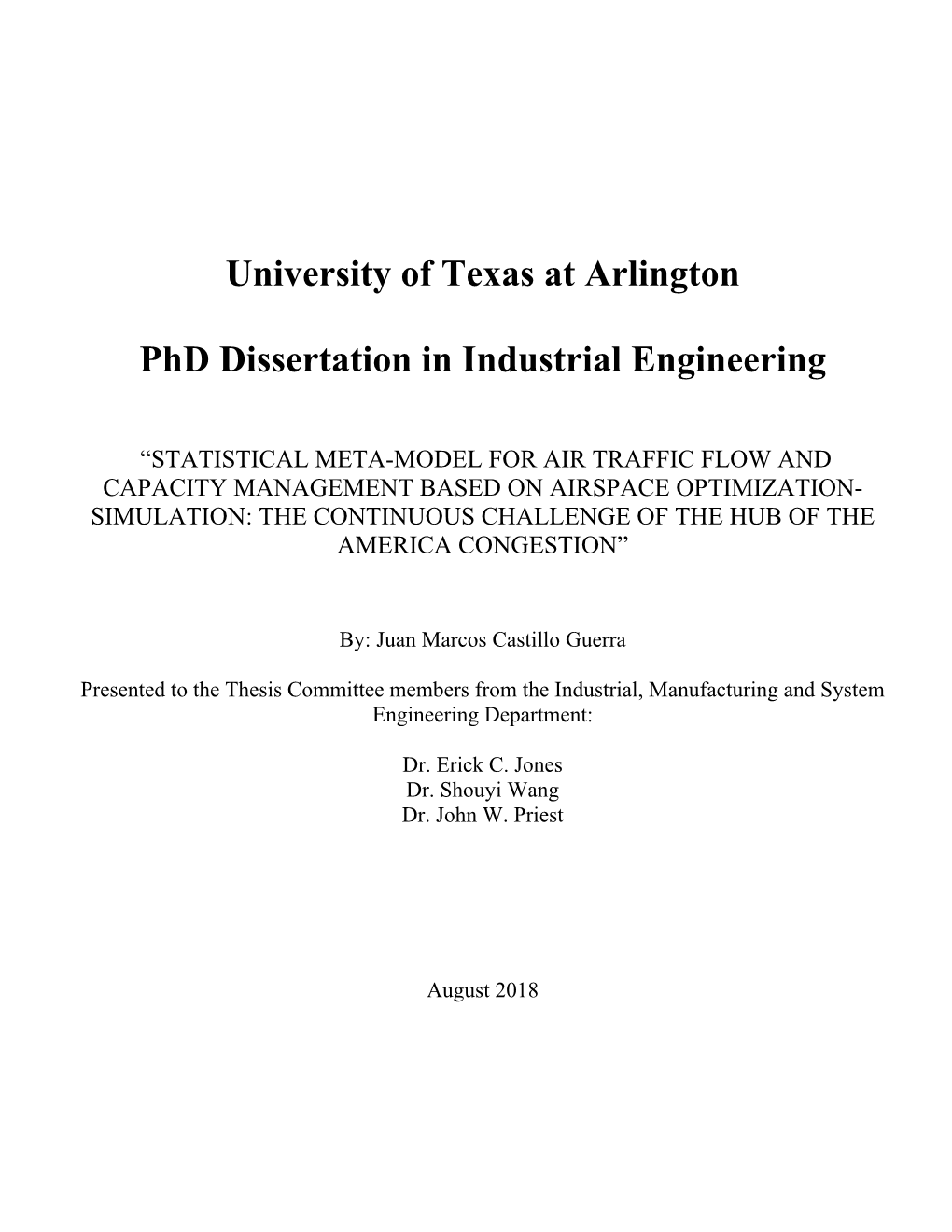 University of Texas at Arlington Phd Dissertation in Industrial Engineering