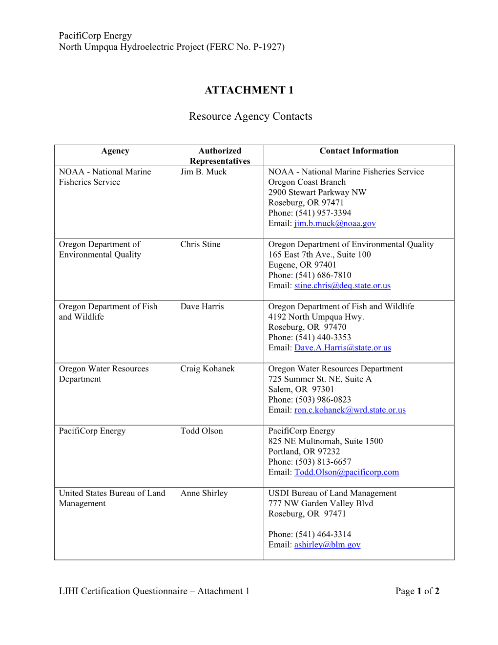 North Umpqua Attachments to Recertification Questionnaire 2014