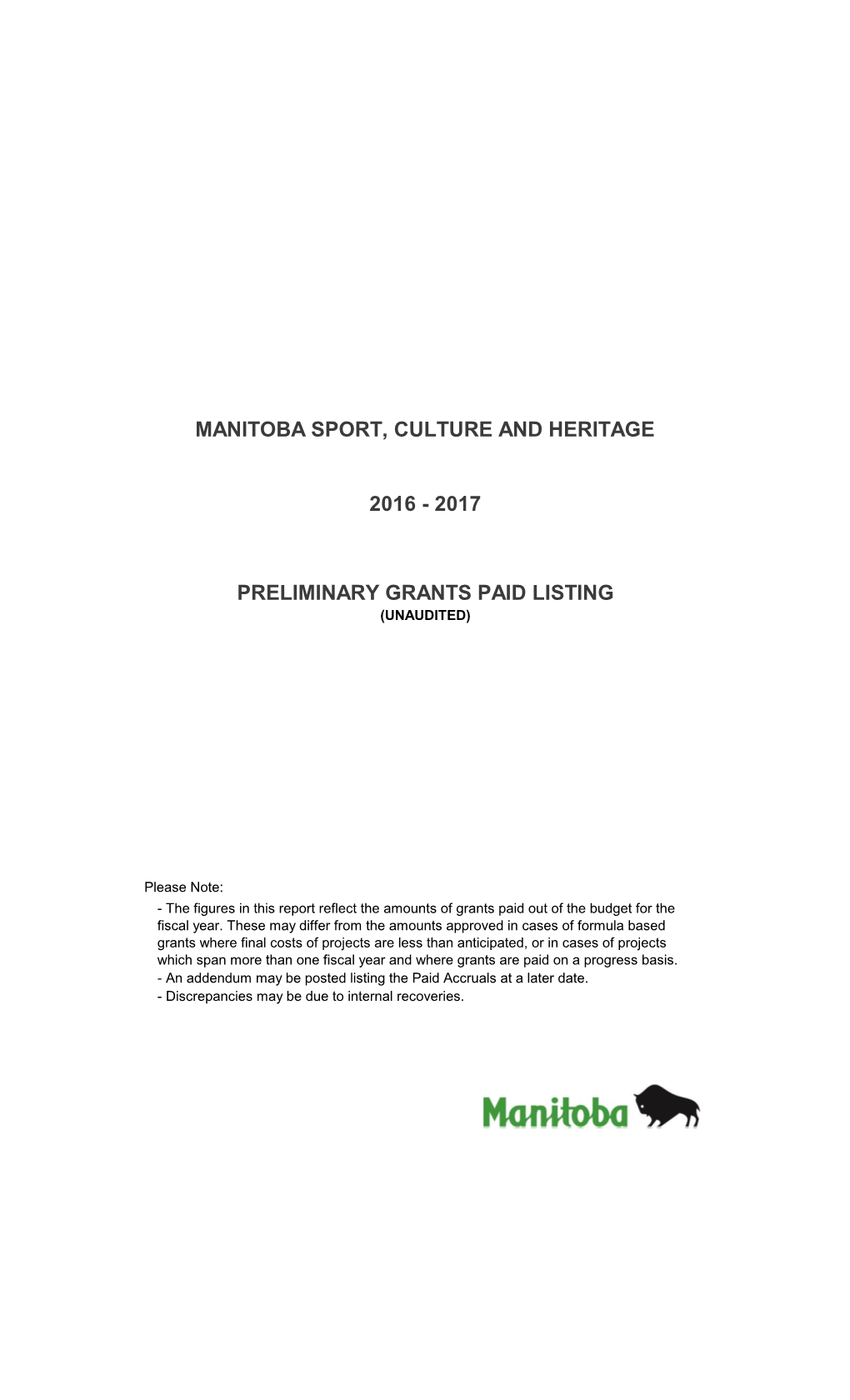 Manitoba Sport, Culture and Heritage 2016 - 2017 Preliminary Grants Paid Listing
