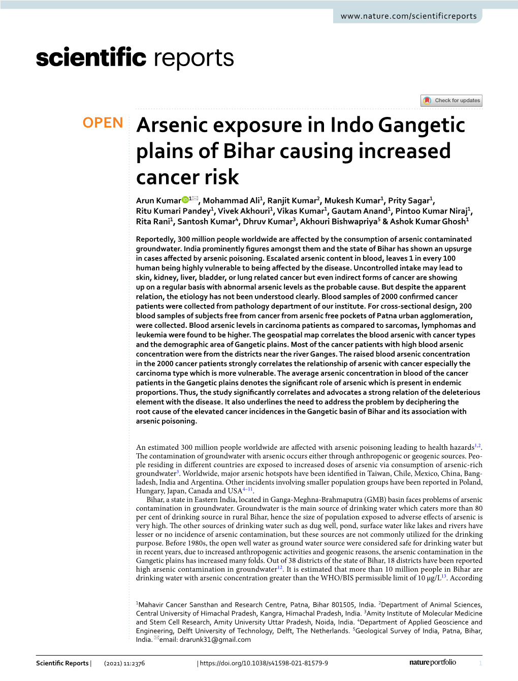 Arsenic Exposure in Indo Gangetic Plains of Bihar Causing Increased