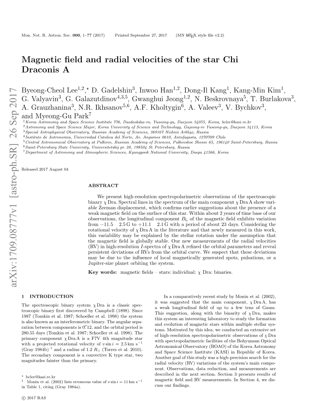 Magnetic Field and Radial Velocities of the Star Chi Draconis A