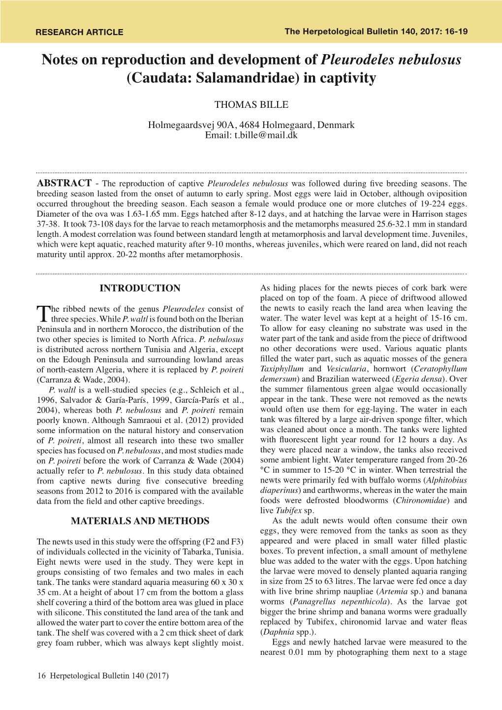 Notes on Reproduction and Development of Pleurodeles Nebulosus (Caudata: Salamandridae) in Captivity