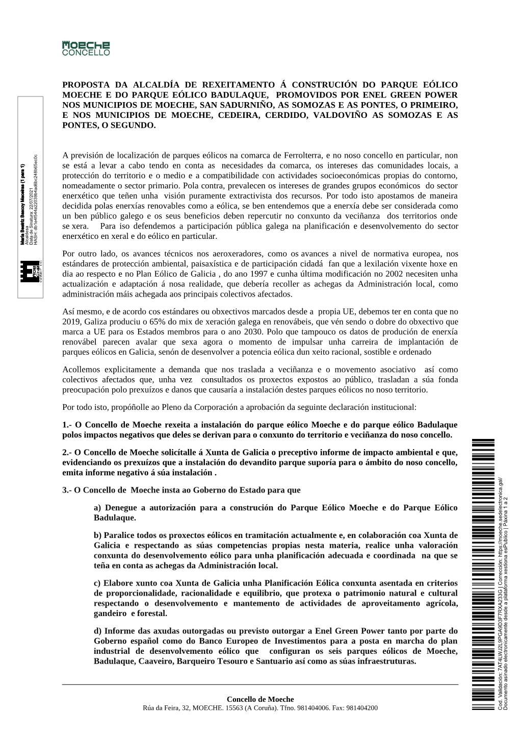 Proposta Da Alcaldía De Rexeitamento Á Construción Do Parque Eólico