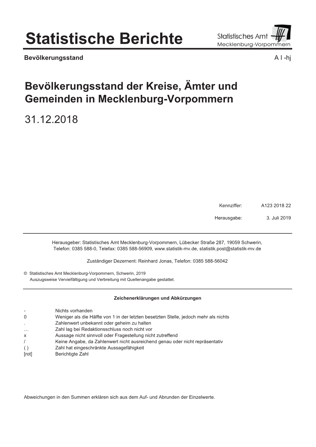 A123 Bevölkerungsstand Der Kreise, Ämter Und Gemeinden Am 31.12