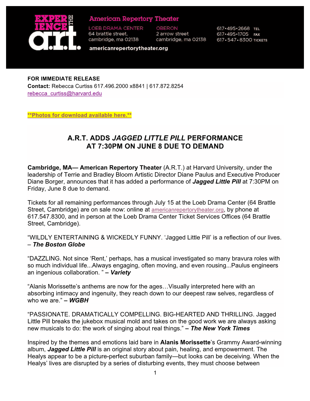 A.R.T. Adds Jagged Little Pill Performance at 7:30Pm on June 8 Due to Demand