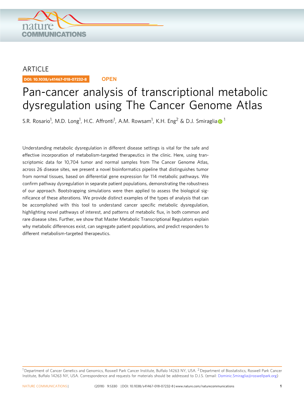 Pan-Cancer Analysis of Transcriptional Metabolic Dysregulation Using the Cancer Genome Atlas