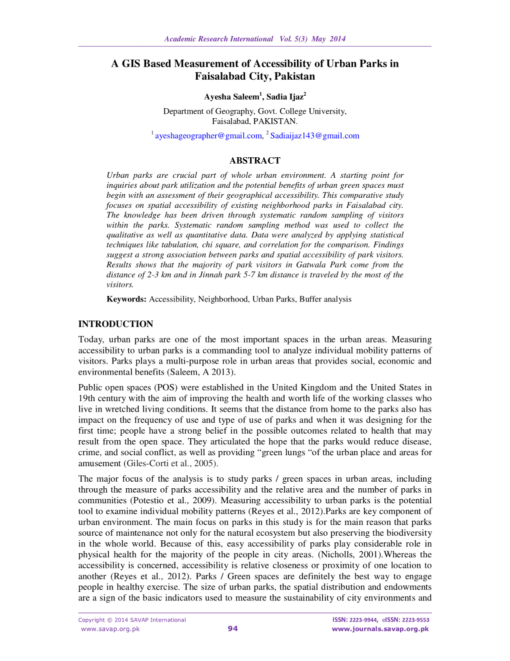 A GIS Based Measurement of Accessibility of Urban Parks in Faisalabad City, Pakistan