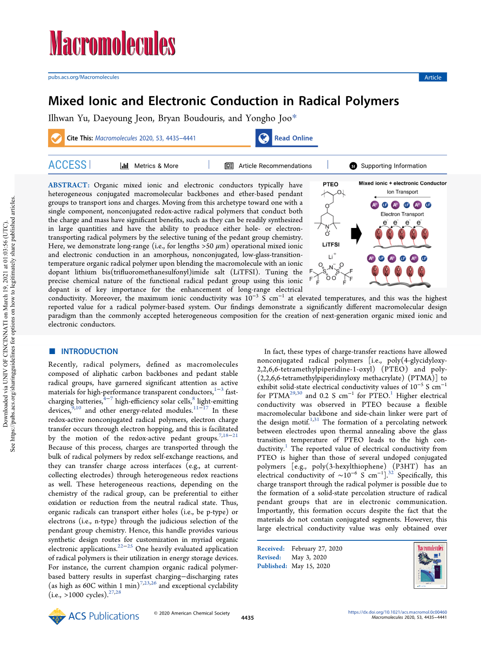 Mixed Ionic and Electronic Conduction in Radical Polymers Ilhwan Yu, Daeyoung Jeon, Bryan Boudouris, and Yongho Joo*