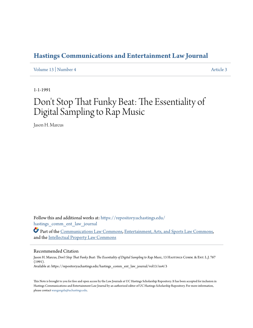 The Essentiality of Digital Sampling to Rap Music Jason H