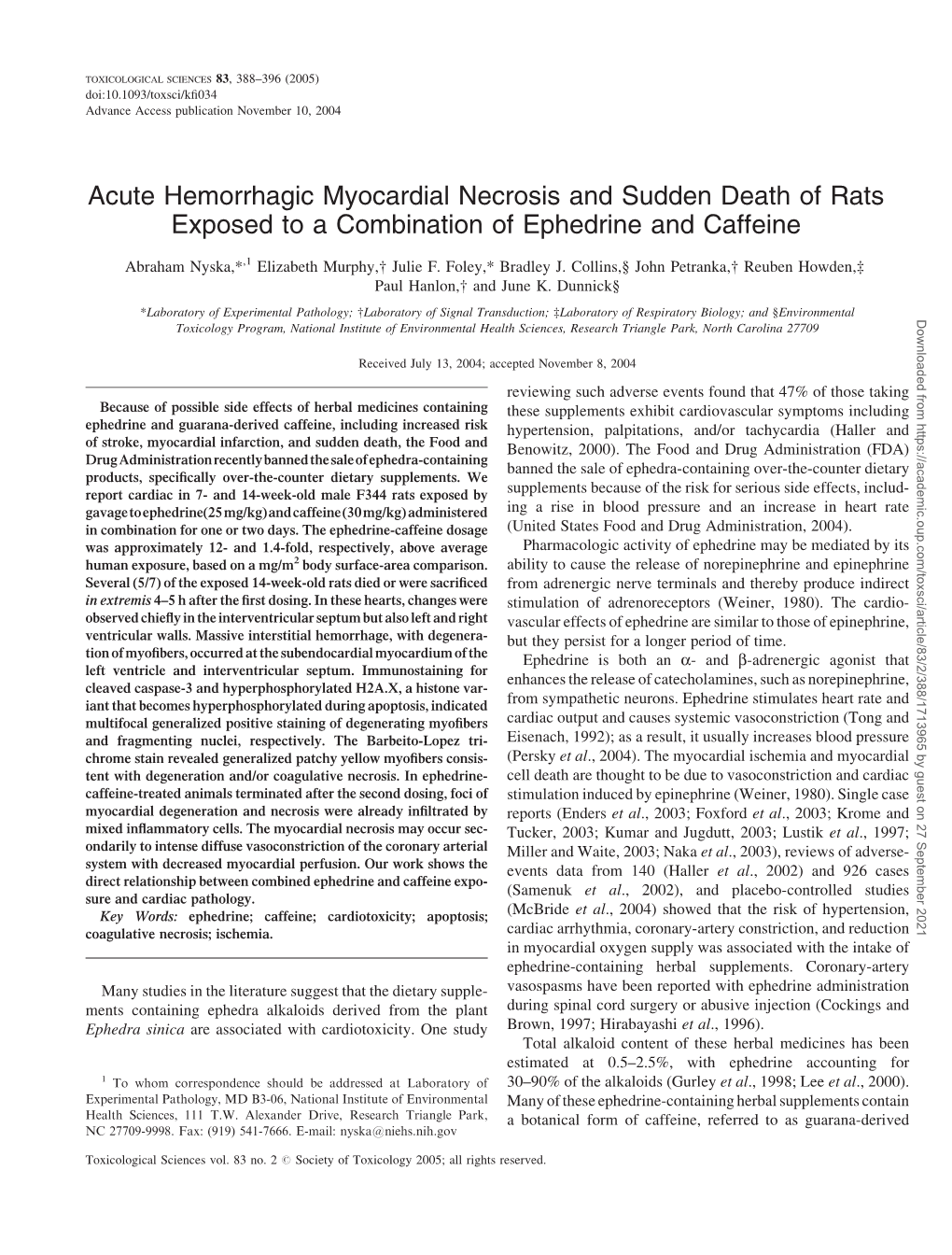 Acute Hemorrhagic Myocardial Necrosis and Sudden Death of Rats Exposed to a Combination of Ephedrine and Caffeine