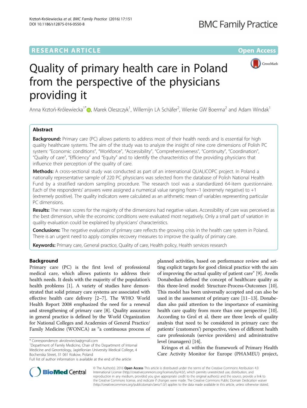 Quality of Primary Health Care in Poland from the Perspective of the Physicians Providing It