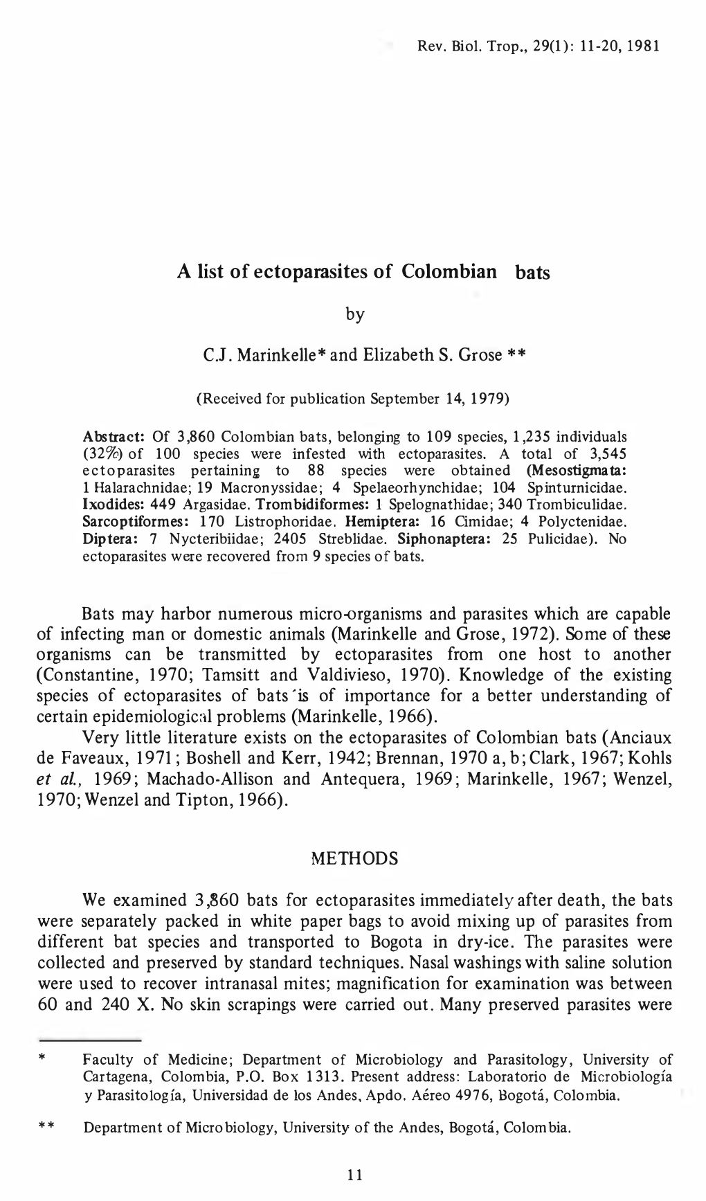 A List of Ectoparasites of Colombian Bats.1