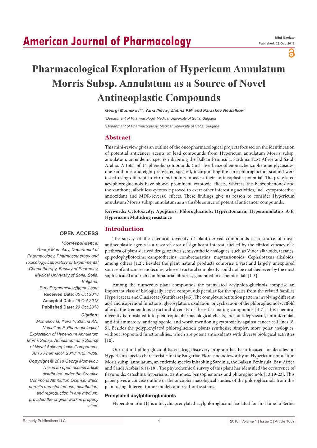 Pharmacological Exploration of Hypericum Annulatum Morris Subsp