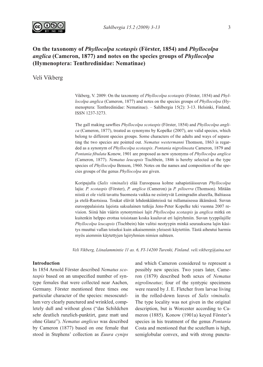 And Phyllocolpa Anglica (Cameron, 1877) and Notes on the Species Groups of Phyllocolpa (Hymenoptera: Tenthredinidae: Nematinae)