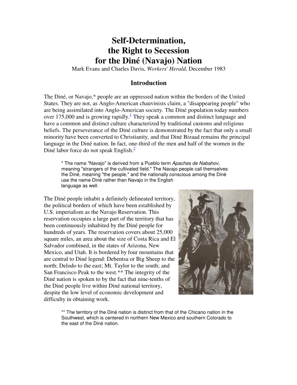 Self-Determination, the Right to Secession for the Diné (Navajo) Nation Mark Evans and Charles Davis, Workers' Herald , December 1983