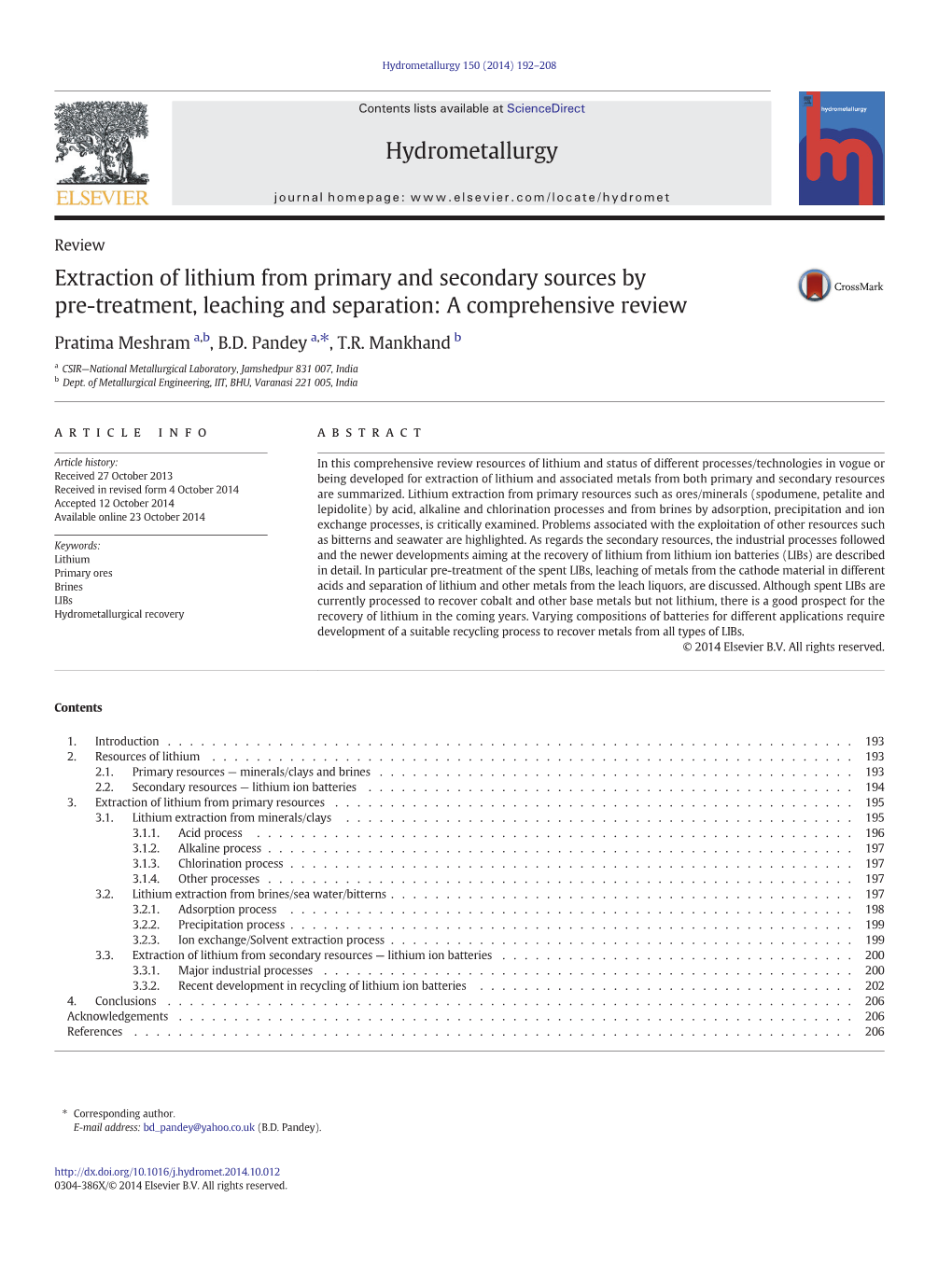 Extraction of Lithium from Primary and Secondary Sources by Pre-Treatment, Leaching and Separation: a Comprehensive Review