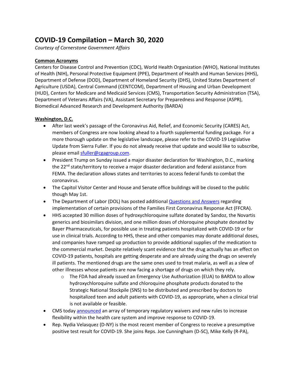 COVID-19 Compilation – March 30, 2020 Courtesy of Cornerstone Government Affairs