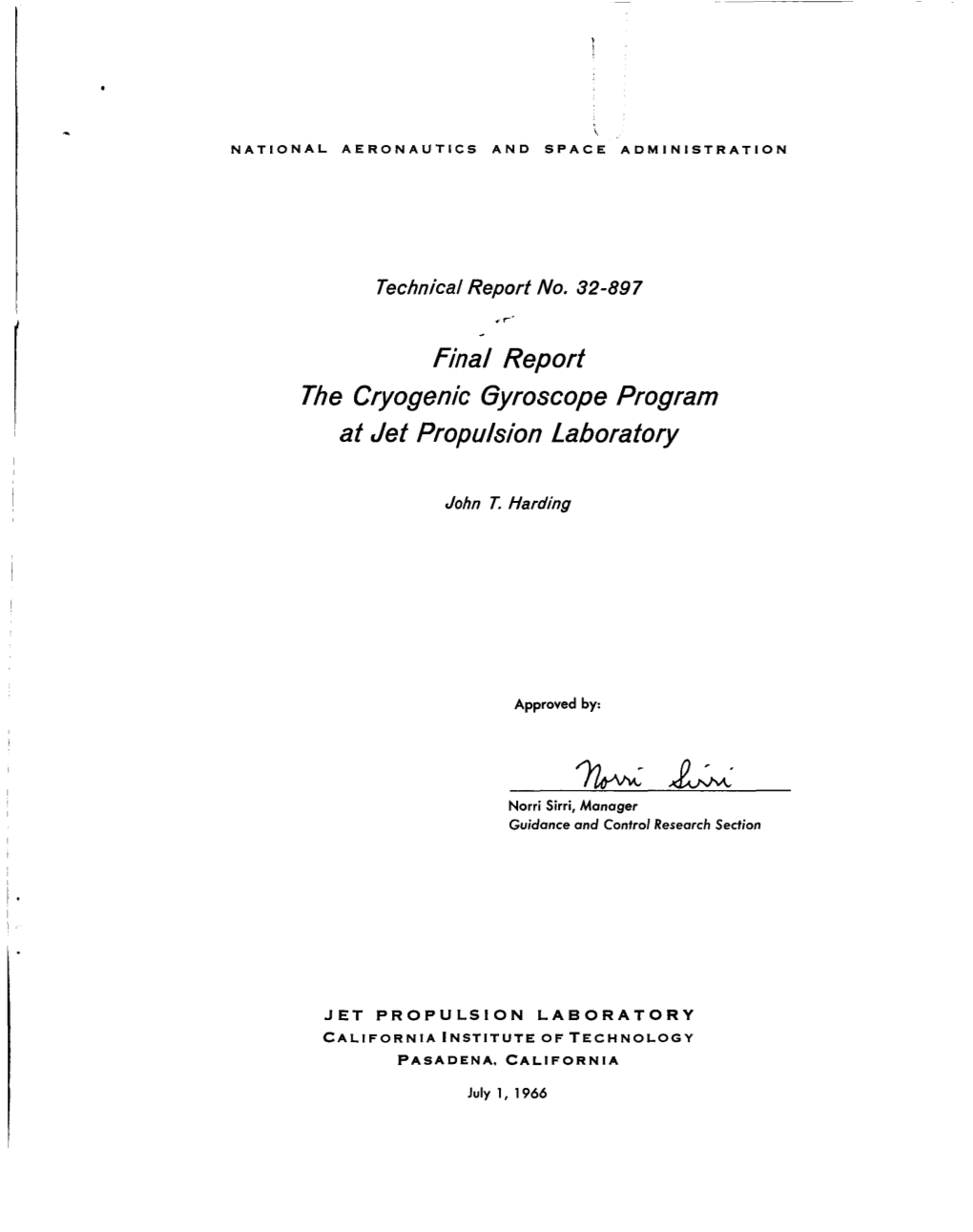 Final Report the Cryogenic Gyroscope Program at Jet Propulsion Laboratory