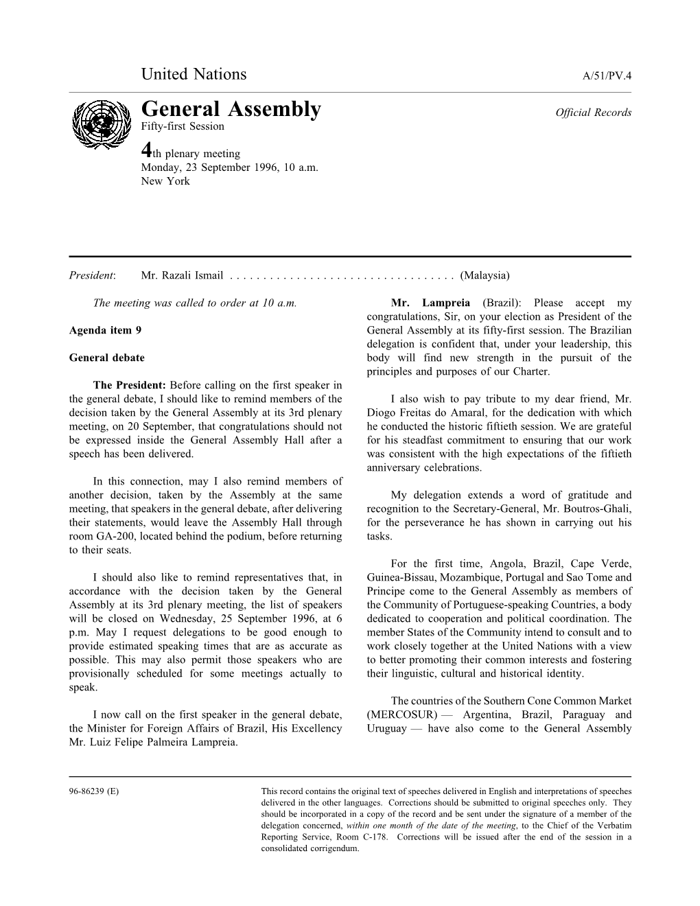 General Assembly Official Records Fifty-First Session