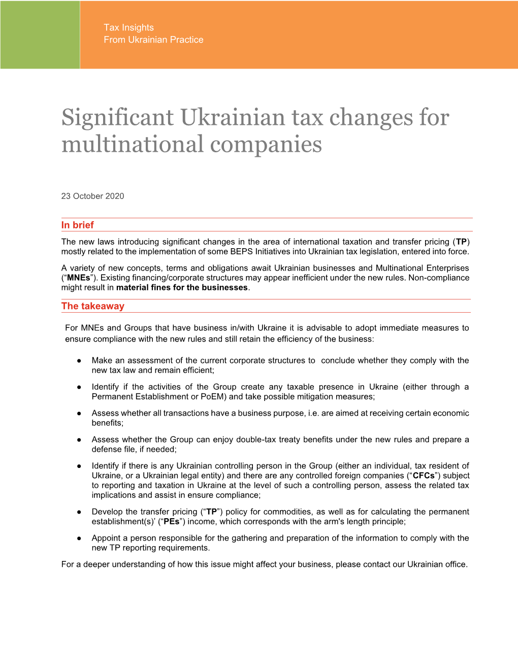 Significant Ukrainian Tax Changes for Multinational Companies
