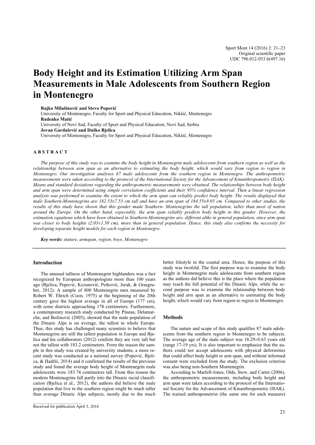 Body Height and Its Estimation Utilizing Arm Span Measurements in Male Adolescents from Southern Region in Montenegro