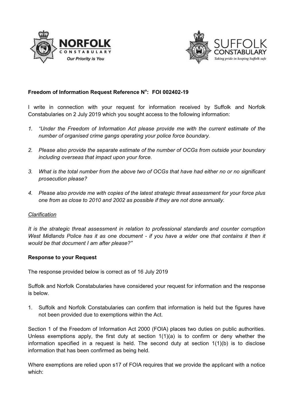 Freedom of Information Request Reference No: FOI 002402-19 I Write in Connection with Your Request for Information Received By