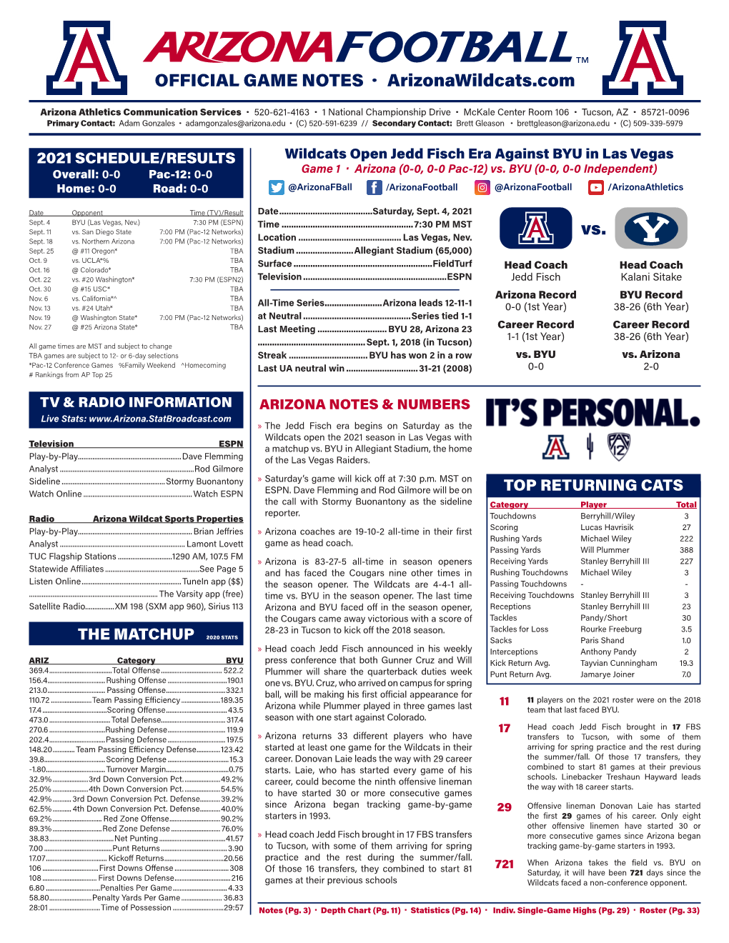 Vs. OFFICIAL GAME NOTES · Arizonawildcats.Com